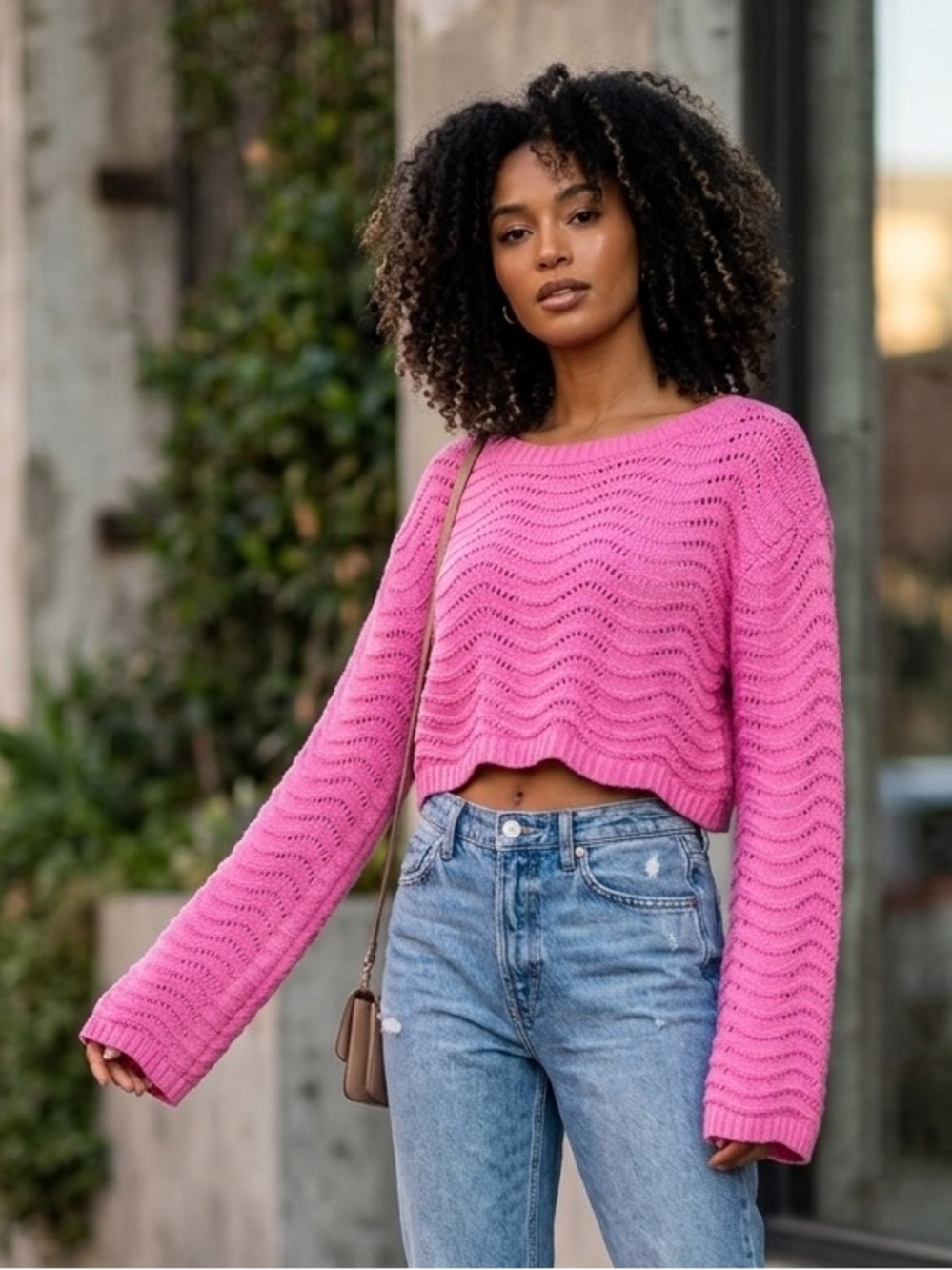 Pink Cropped‎ Knit Sweater - Women